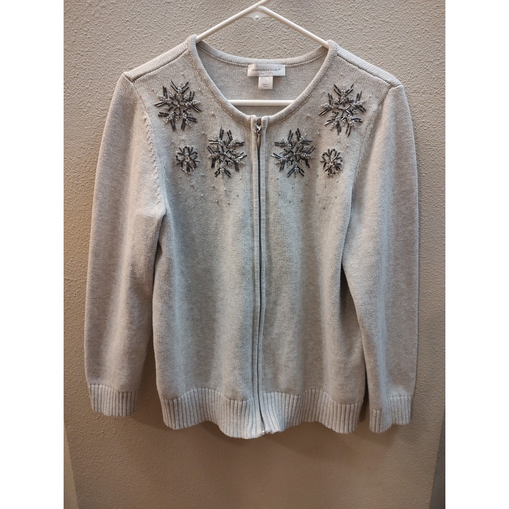 Christopher Banks Sweater Full Zip Large Gray Sweater Beaded Snowflake Design